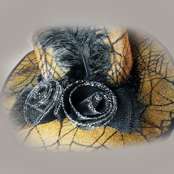 Couture Glamour Witch Hat for Costume, Gold Lame, Spider Web Lace, Feather - Picture 3 of 11